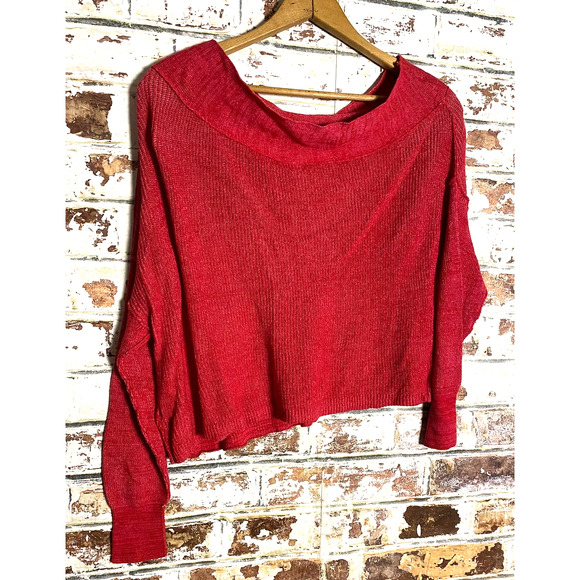Free People Alana Pullover Linen Cotton Blend Red Knit Off The Shoulder Sweater - Picture 10 of 10